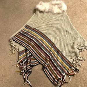 Faux Fur Trim Knit Poncho with Striped Detail